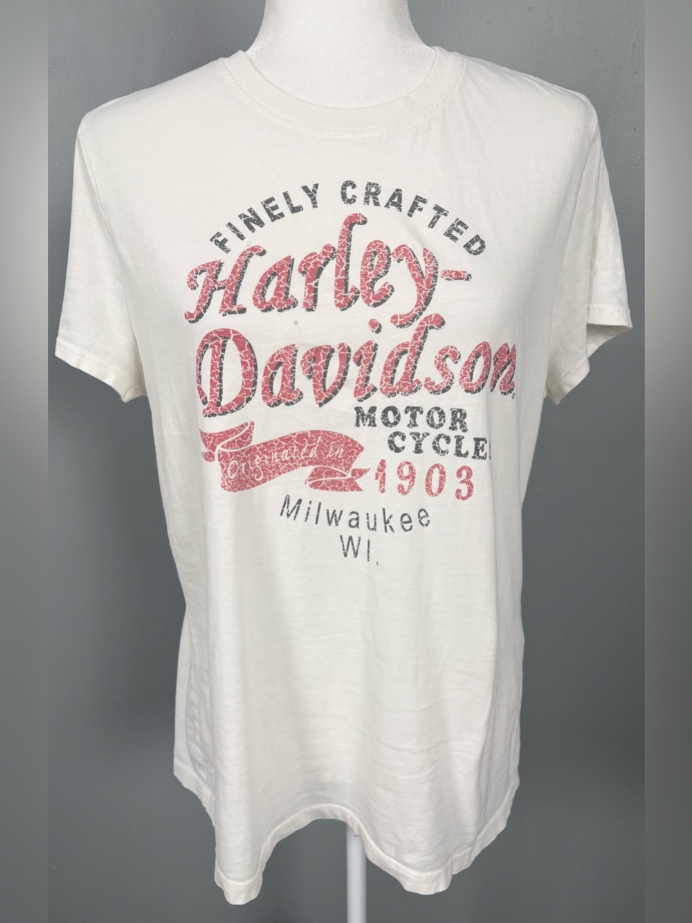 Harley Davidson Retro Style Grunge Short Sleeve Off-White Red Short Sleeve Tee